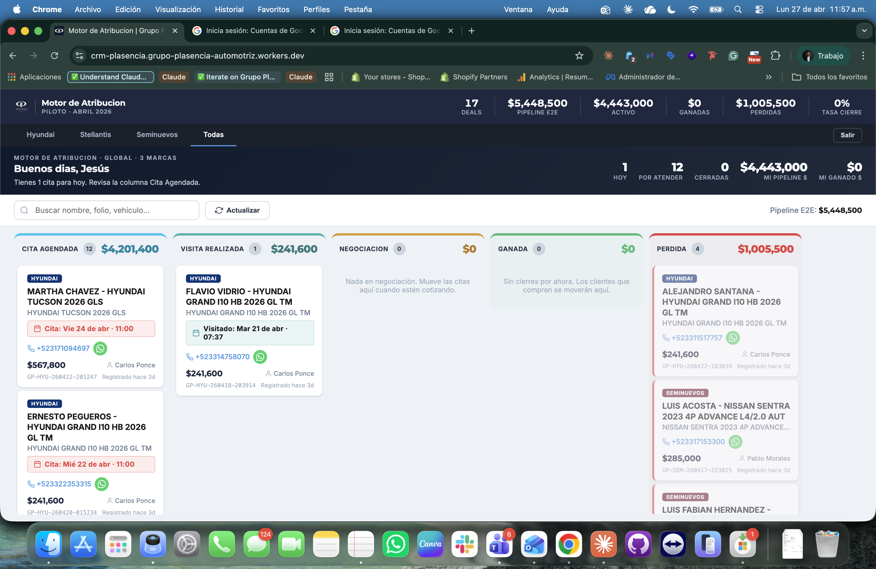 Kanban CRM Plasencia - vista del pipeline real al 27 abril