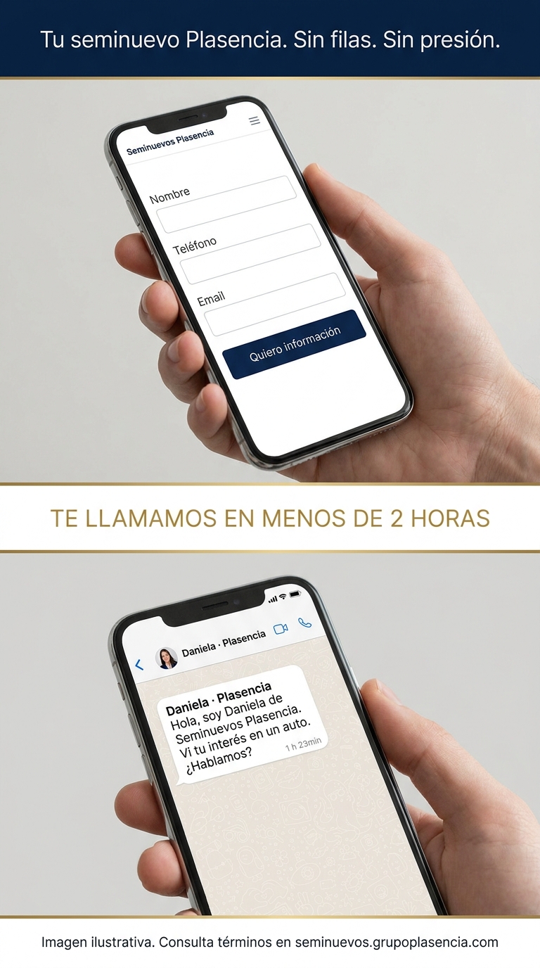 H04 Tu seminuevo Plasencia sin filas · split-screen form y WhatsApp Daniela